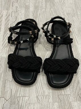 Valentino Braided Rope Rock Stud Ankle-Strap Sandals